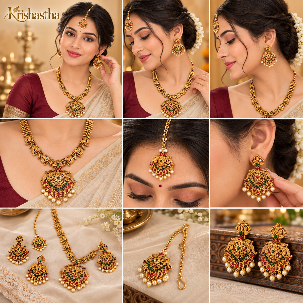 Krishastha Traditional Gold-Plated Temple Jewellery Set for Women with Necklace, Earrings & Maang Tikka