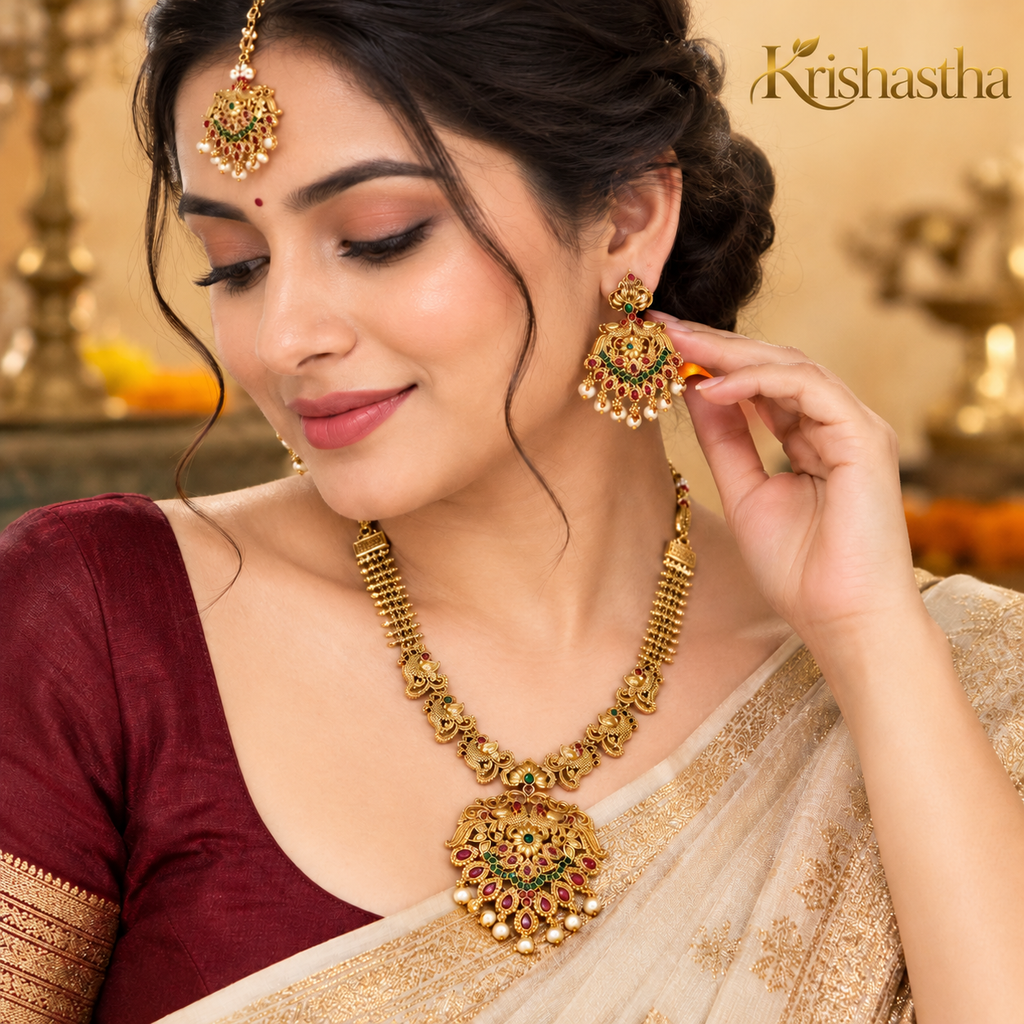 Krishastha Traditional Gold-Plated Temple Jewellery Set for Women with Necklace, Earrings & Maang Tikka