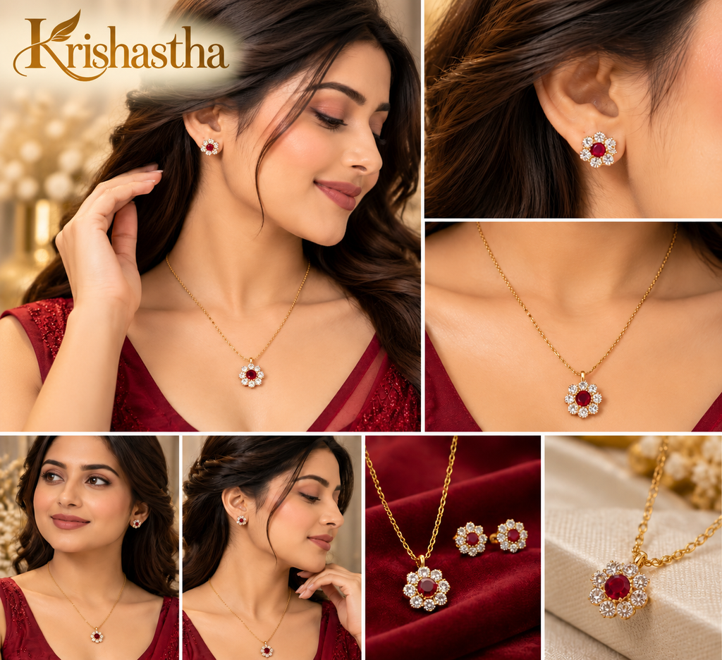 Krishastha Elegant Ruby Red Floral Pendant Necklace & Stud Earrings Set for Women