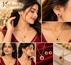 Krishastha Elegant Ruby Red Floral Pendant Necklace & Stud Earrings Set for Women