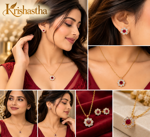 Krishastha Elegant Ruby Red Floral Pendant Necklace & Stud Earrings Set for Women