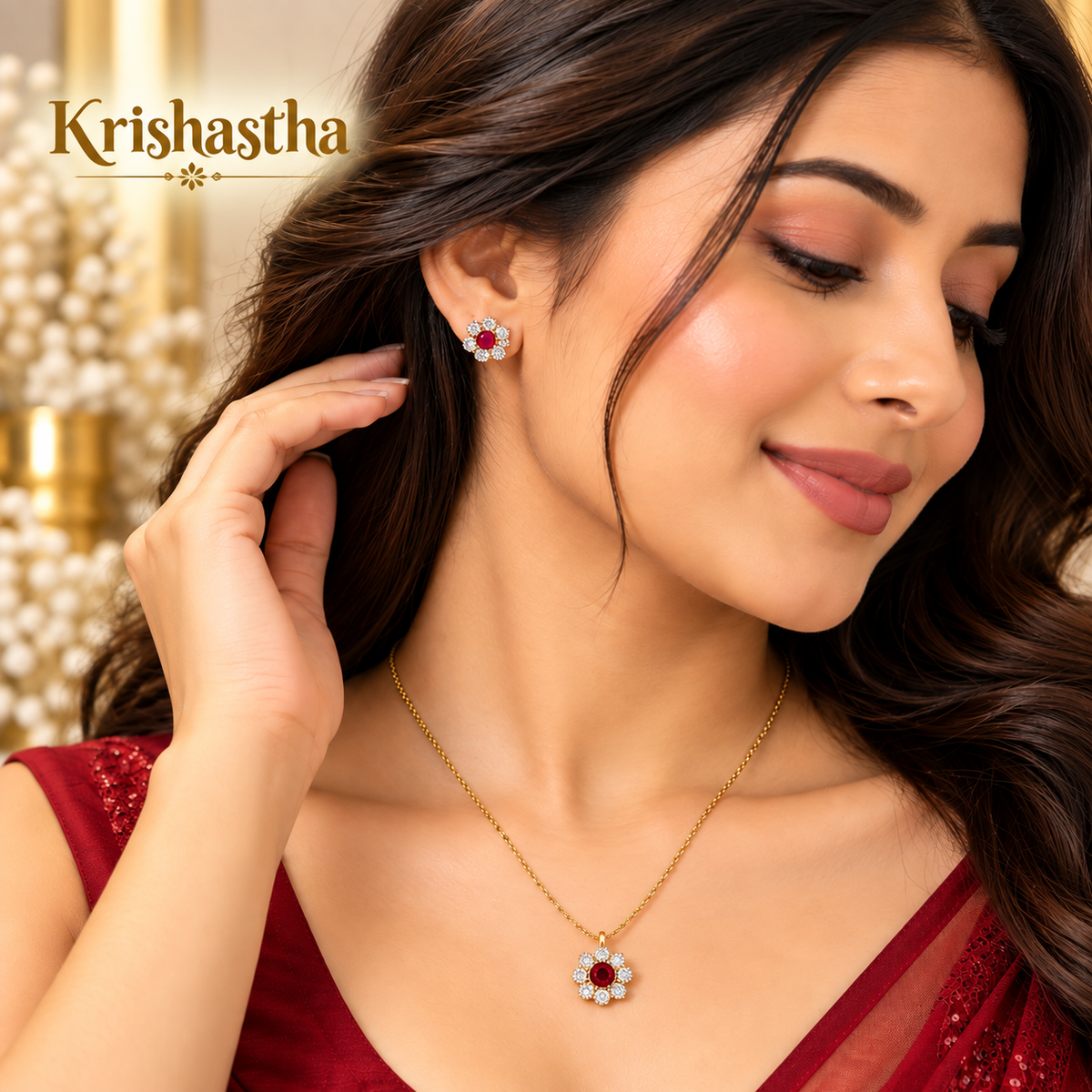 Krishastha Elegant Ruby Red Floral Pendant Necklace & Stud Earrings Set for Women